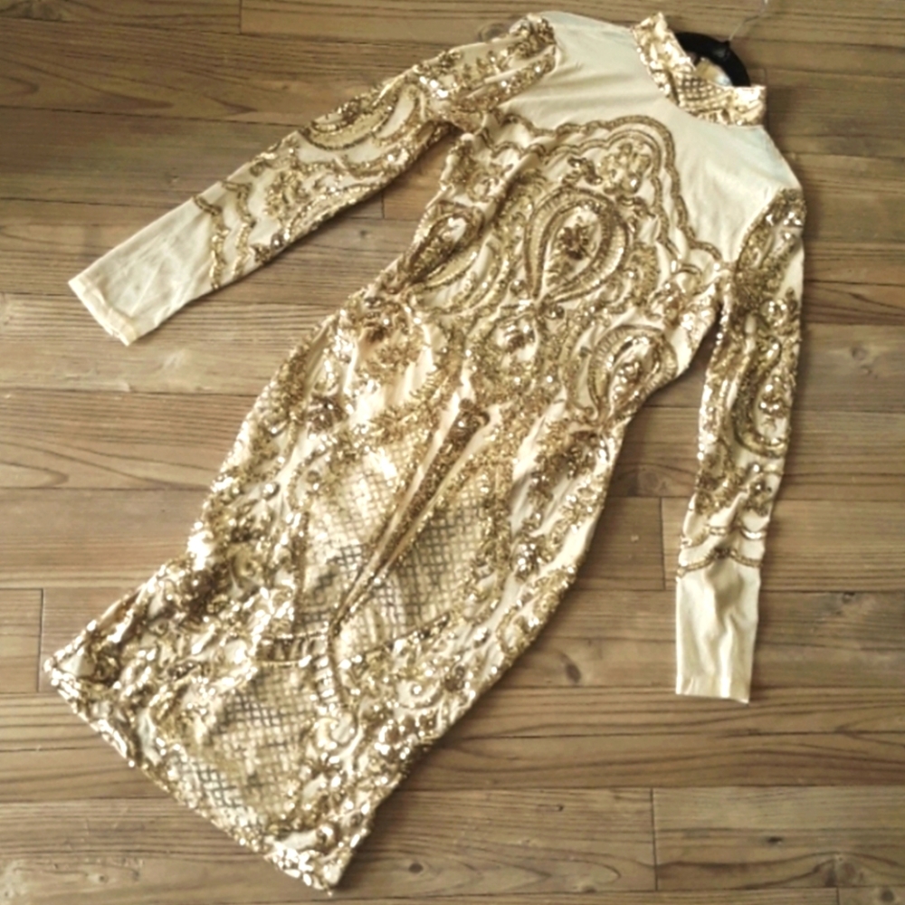 Gold sequin Sheer nude mesh dress Medium Long Sleeve EUC - Picture 3 of 6